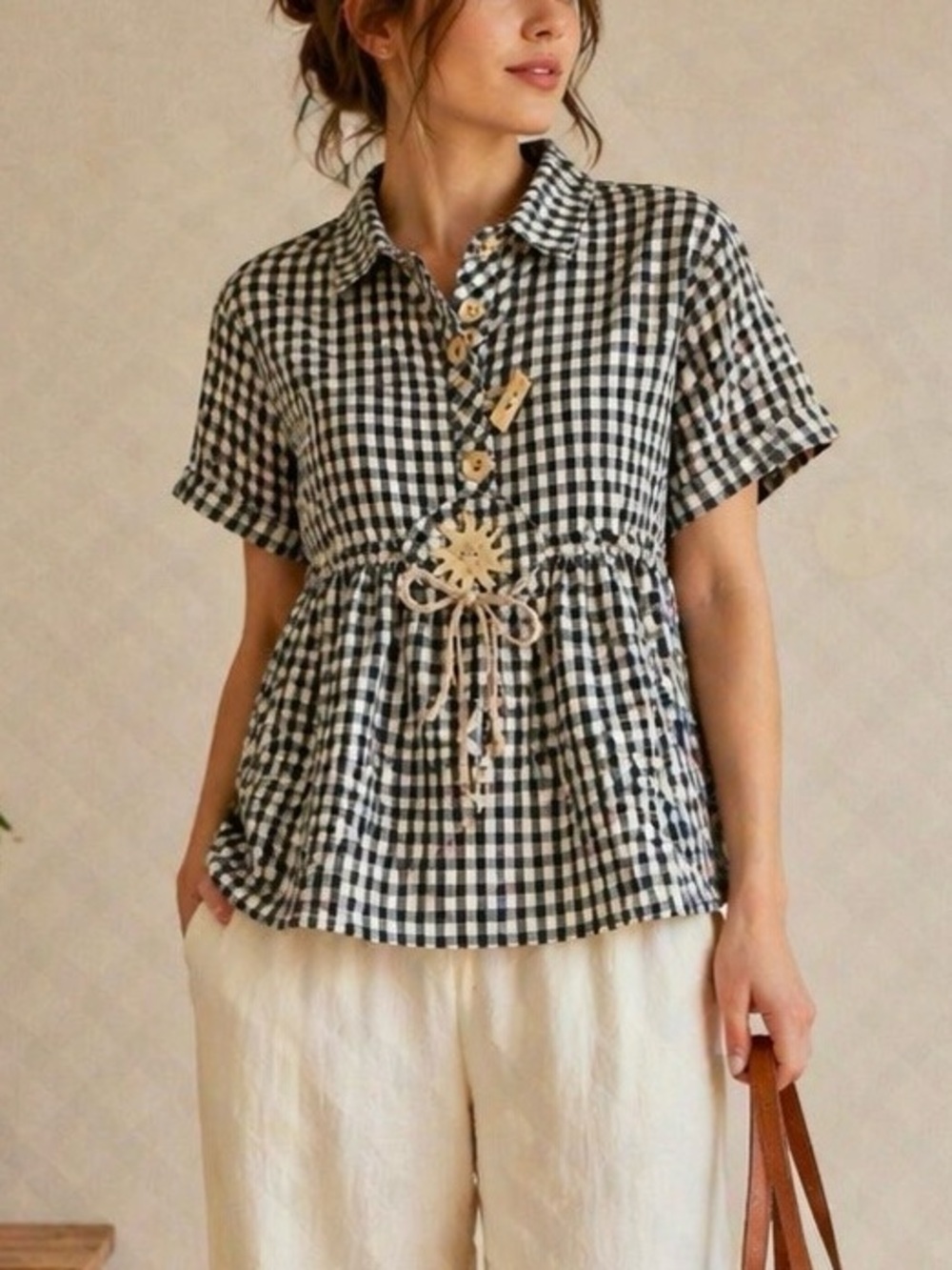 Sportalm Black & White Gingham unique Button-Up Top US 10 Cottagecore Indie